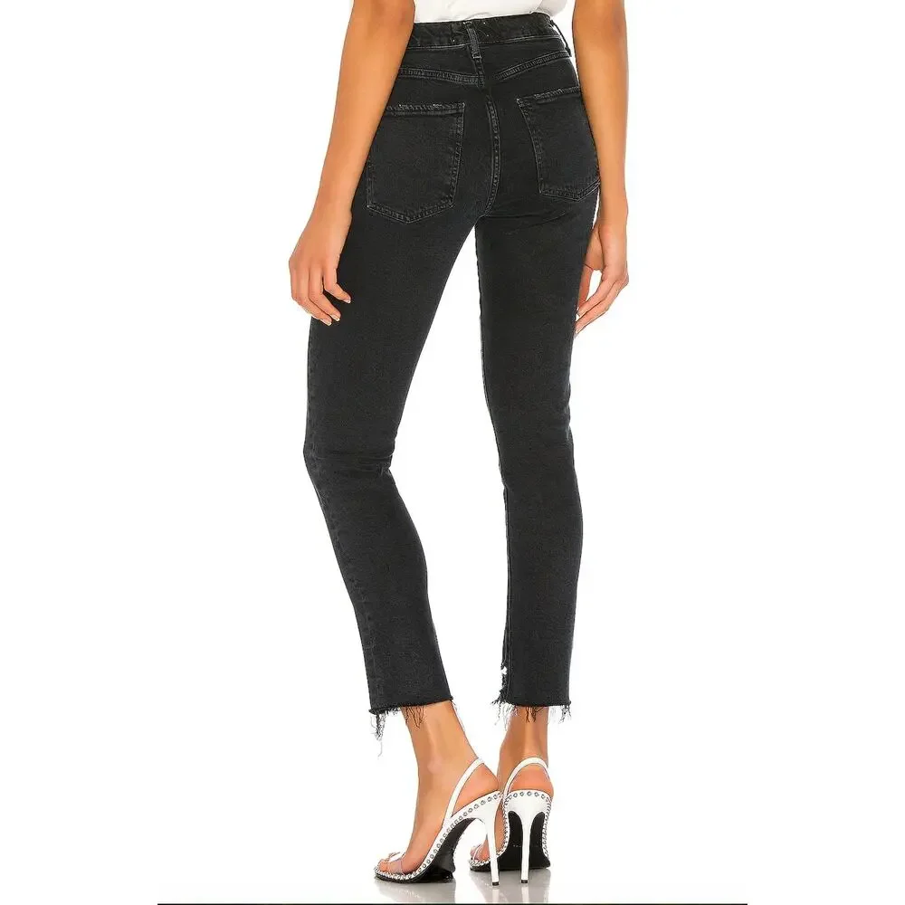 Agolde Toni Mid Rise Straight Leg Distressed Jeans Black‎ Denim Sz 26 Revolve